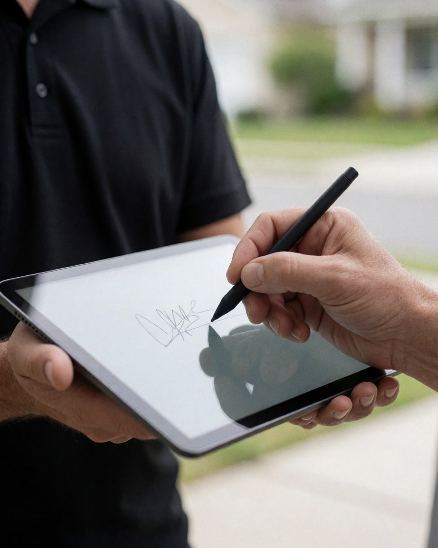 Close-up of a hand signing a digital contract on a tablet held by a delivery person in a suburban street setting.