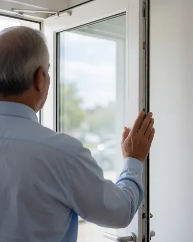 A man inspects a clean, shiny glass window reflecting the sky in a bright white interior space.