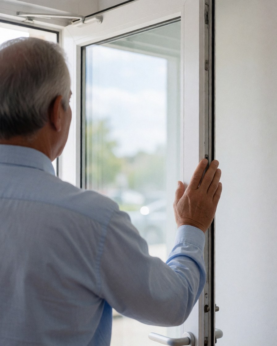 A man inspects a clean, shiny glass window reflecting the sky in a bright white interior space.