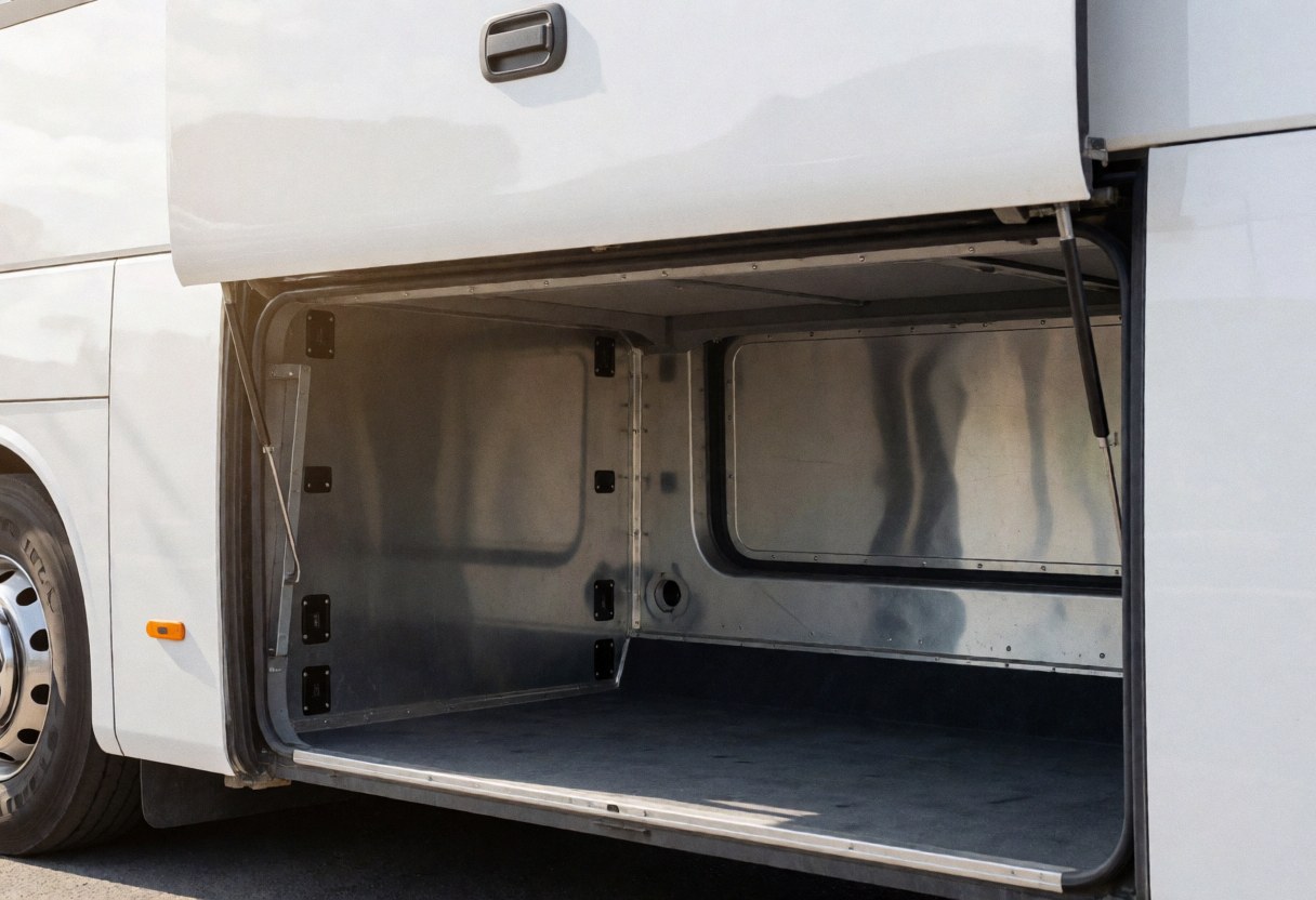 Empty and clean tour bus luggage compartment with visible metal walls and tie-down points, ideal for storing luggage.