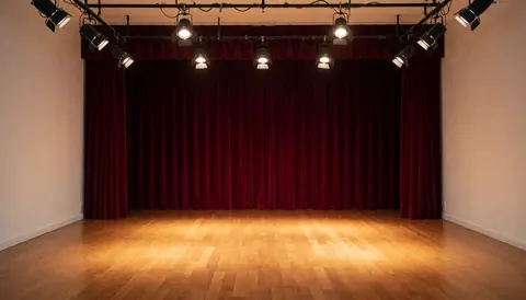 An empty theater stage featuring red curtains, white walls, and a wooden floor, suitable for a theme park setting.