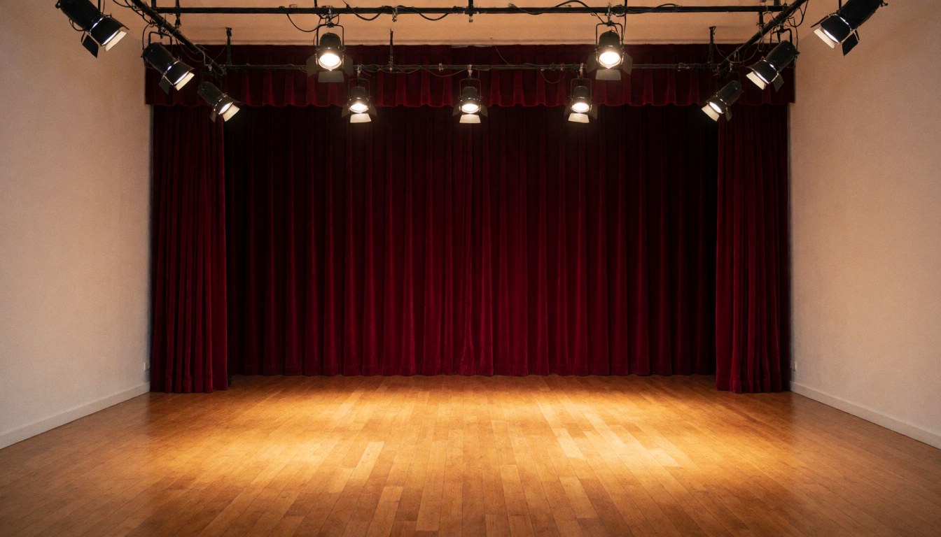 An empty theater stage featuring red curtains, white walls, and a wooden floor, suitable for a theme park setting.