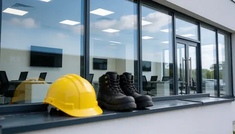 Yellow hard hat and black boots resting on a modern office building window with reflections, symbolizing professional window cleaning services.