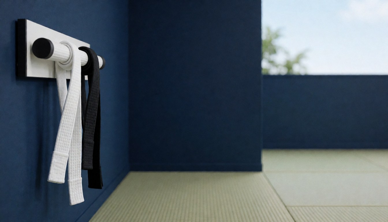 White and black martial arts belts hanging on a wooden rack in a dojo with tatami mats and a dark blue wall