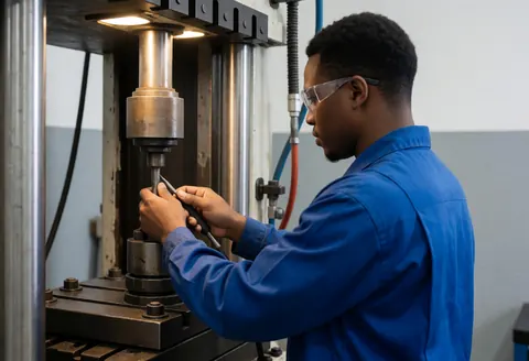 Technician applying lubricant to a hydraulic press in an industrial workshop