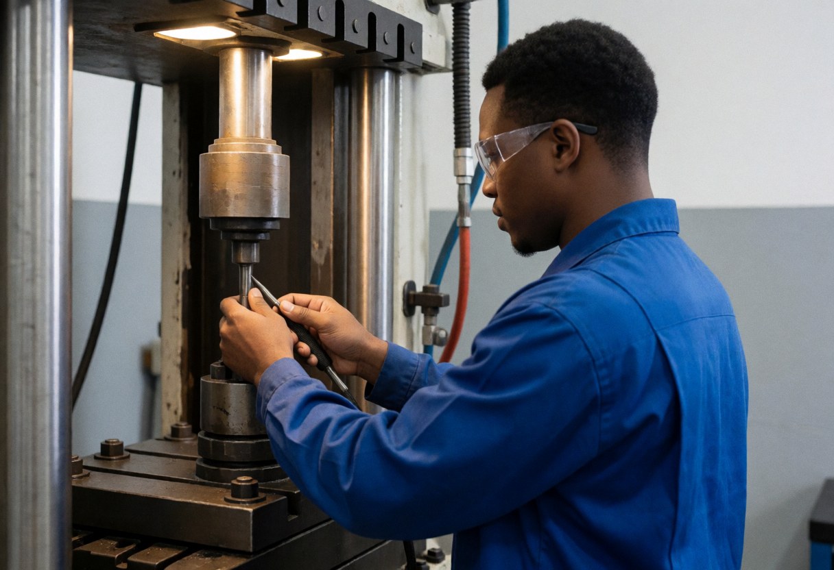 Technician applying lubricant to a hydraulic press in an industrial workshop