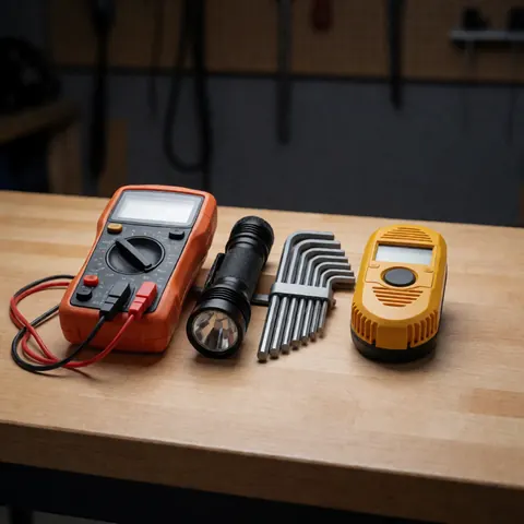 Heating repair kit including multimeter, flashlight, hex keys, and CO detector arranged on a wooden workbench in a workshop setting.