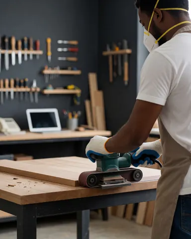 Carpenter wearing mask and gloves sanding a wood edge in a workshop with tools hanging on gray walls