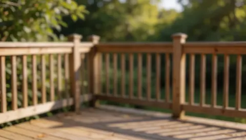 Blurred wooden railing and greenery background suitable for outdoor yoga text overlays