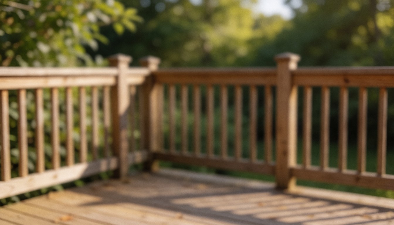 Blurred wooden railing and greenery background suitable for outdoor yoga text overlays