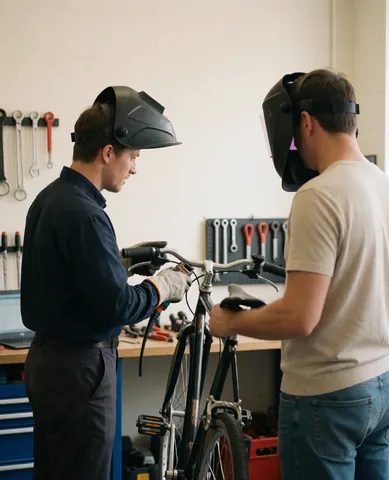 Two mechanics wearing welding helmets inspect a bicycle frame in a clean workshop with tools hanging on the wall