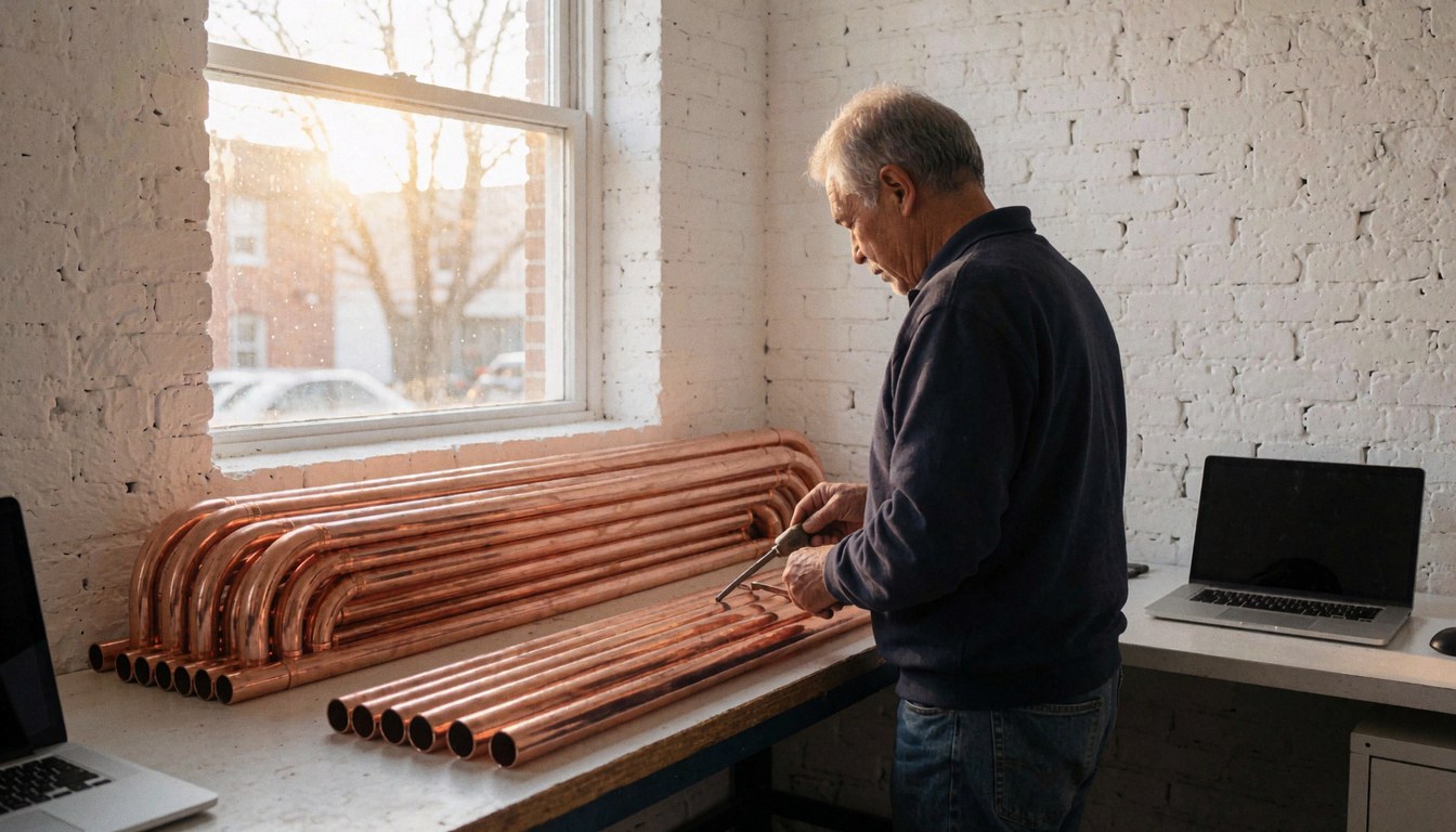 Plumber working with copper pipes in workshop with white brick wall and natural light