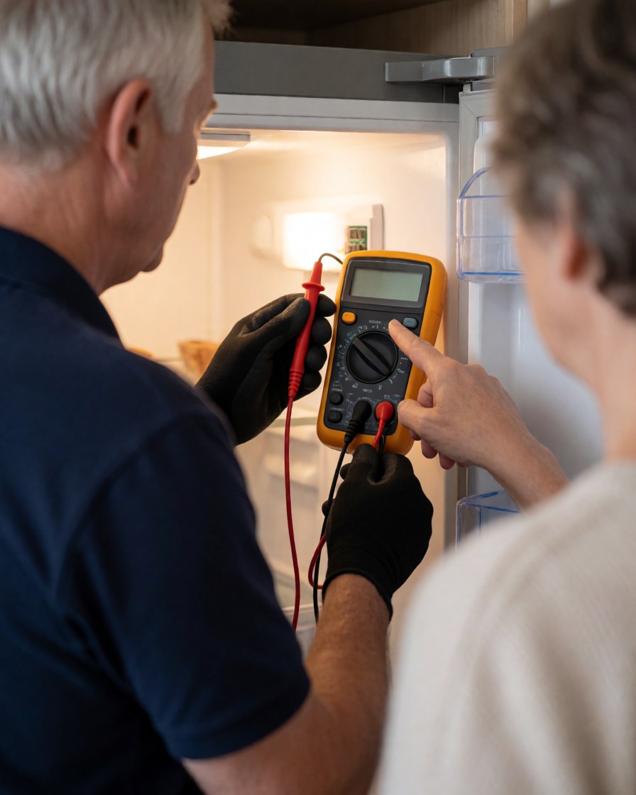 Technician wearing gloves inspects a refrigerator using a multimeter while a client points at the reading in a kitchen setting