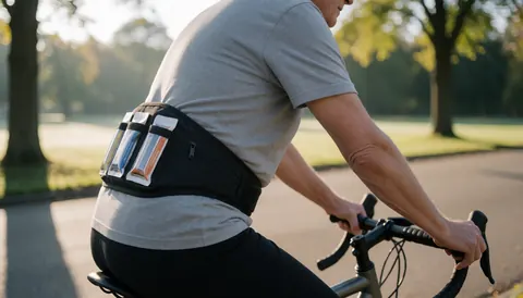 Adult cyclist riding a bike on a park path in the morning while wearing a black nutrition belt with two visible energy gels.