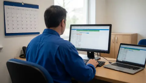 Technician in office managing appointments with computer and visible calendar, professional and organized environment
