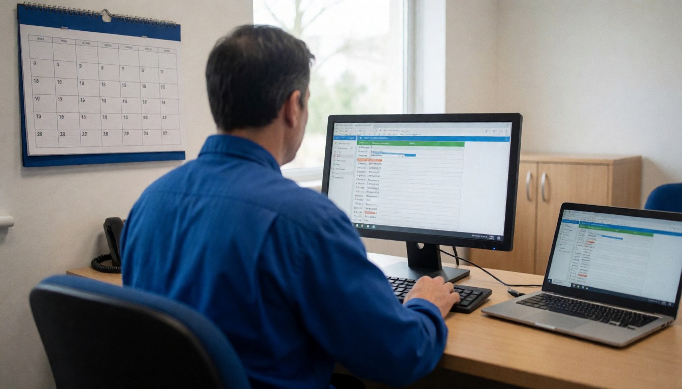 Technician in office managing appointments with computer and visible calendar, professional and organized environment