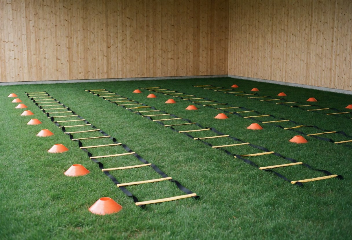 Soccer training area featuring agility ladders and orange cones on artificial turf with wooden walls, no people present