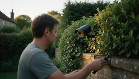 A man installs a security camera on a stone wall surrounded by vegetation in a garden during sunset.