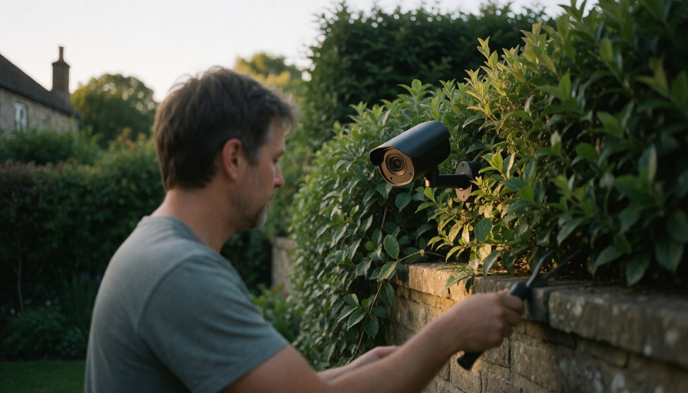 A man installs a security camera on a stone wall surrounded by vegetation in a garden during sunset.