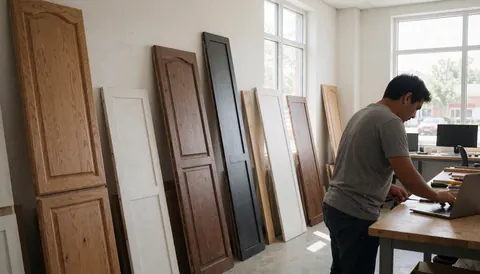 Wood furniture restoration workshop featuring restored wooden doors and visible tools, illuminated by large windows.