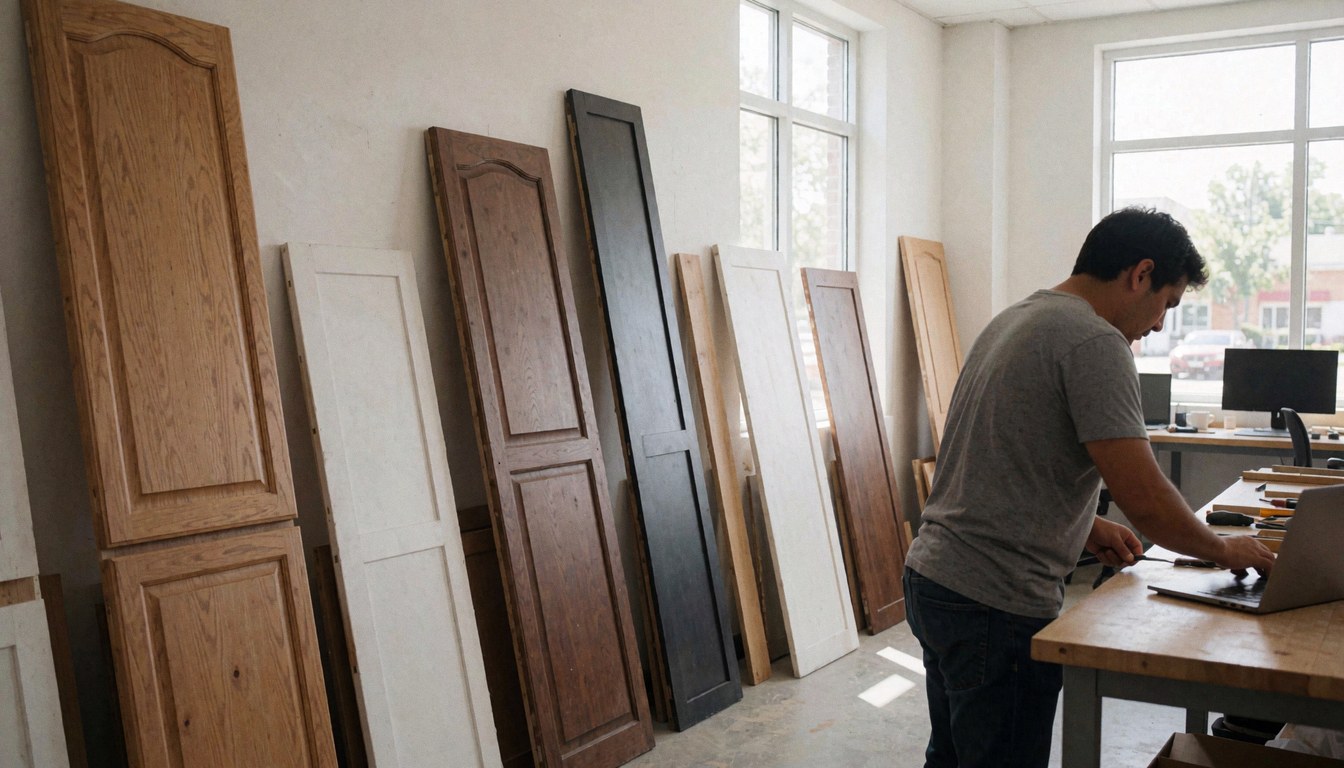 Wood furniture restoration workshop featuring restored wooden doors and visible tools, illuminated by large windows.