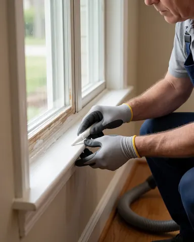 A technician wearing gloves applies white silicone sealant to the base of a new window near a vacuum hose in a home interior.