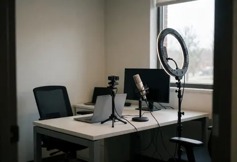 Modern desk setup featuring a computer, professional microphone, and ring light, ideal for recording Spanish classes.