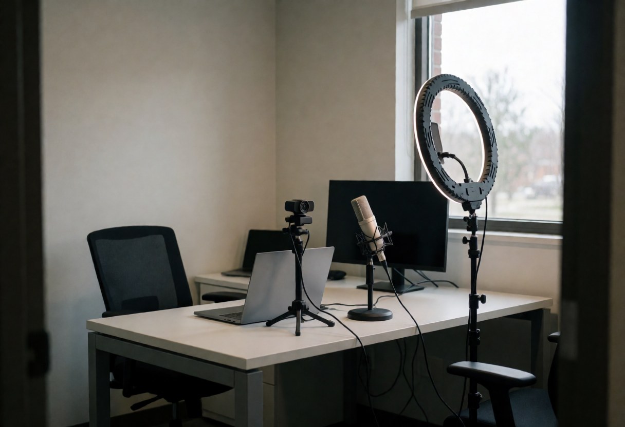 Modern desk setup featuring a computer, professional microphone, and ring light, ideal for recording Spanish classes.