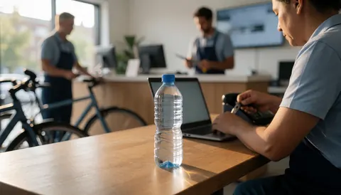A water bottle sits on a wooden table in a bicycle taxi office with a person working on a laptop and bicycles visible in the background.