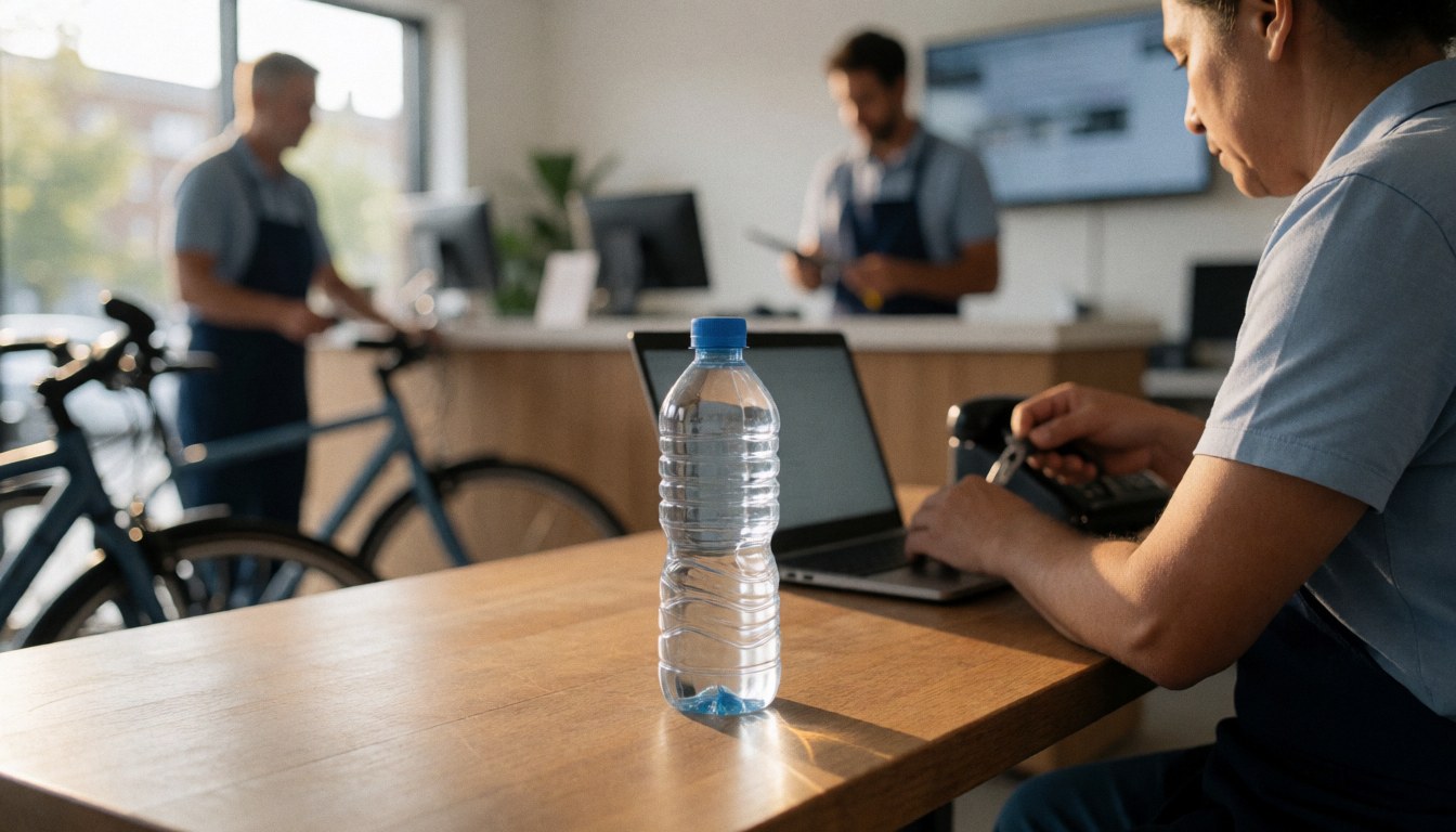A water bottle sits on a wooden table in a bicycle taxi office with a person working on a laptop and bicycles visible in the background.