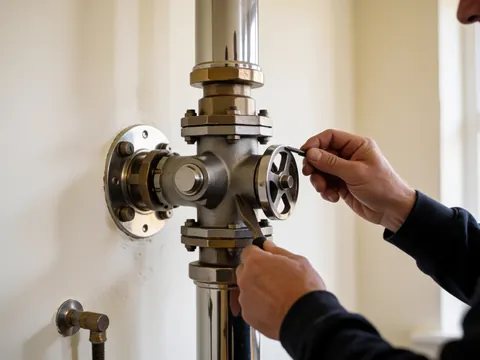 Close-up of a hand using a tool to adjust a safety valve on a metal heating pipe against a white wall.