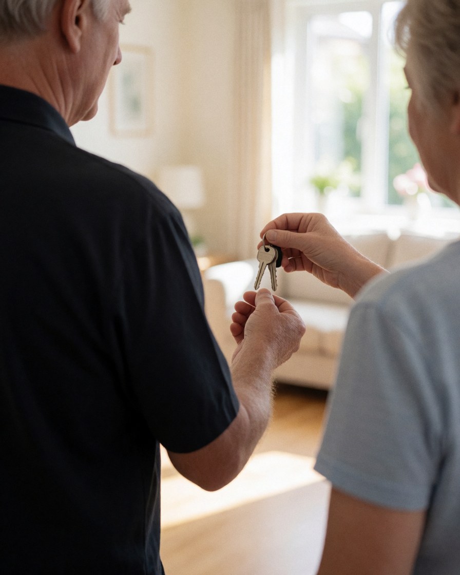 Professional cleaner handing over house keys to a satisfied customer in a bright, clean living room with natural light