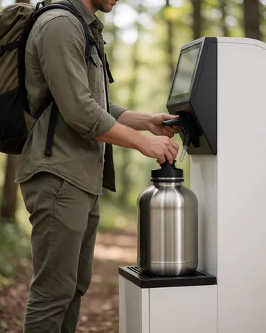 A traveler with a backpack refills a reusable water bottle at a drinking water station in a green forest setting.