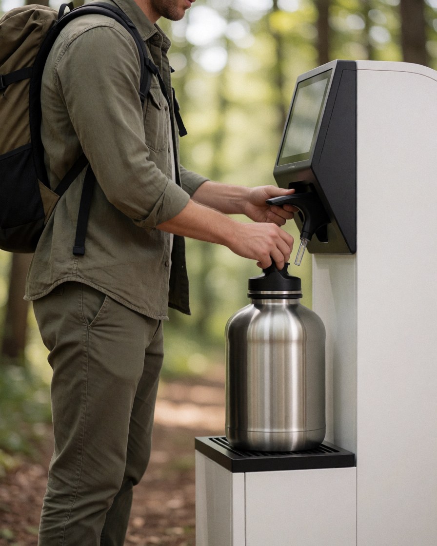 A traveler with a backpack refills a reusable water bottle at a drinking water station in a green forest setting.