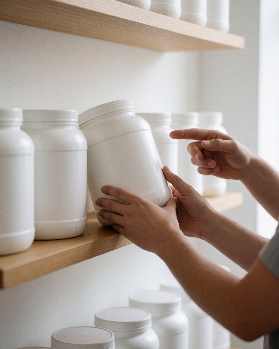Hands picking a white protein supplement tube from a wooden shelf in a fitness store setting