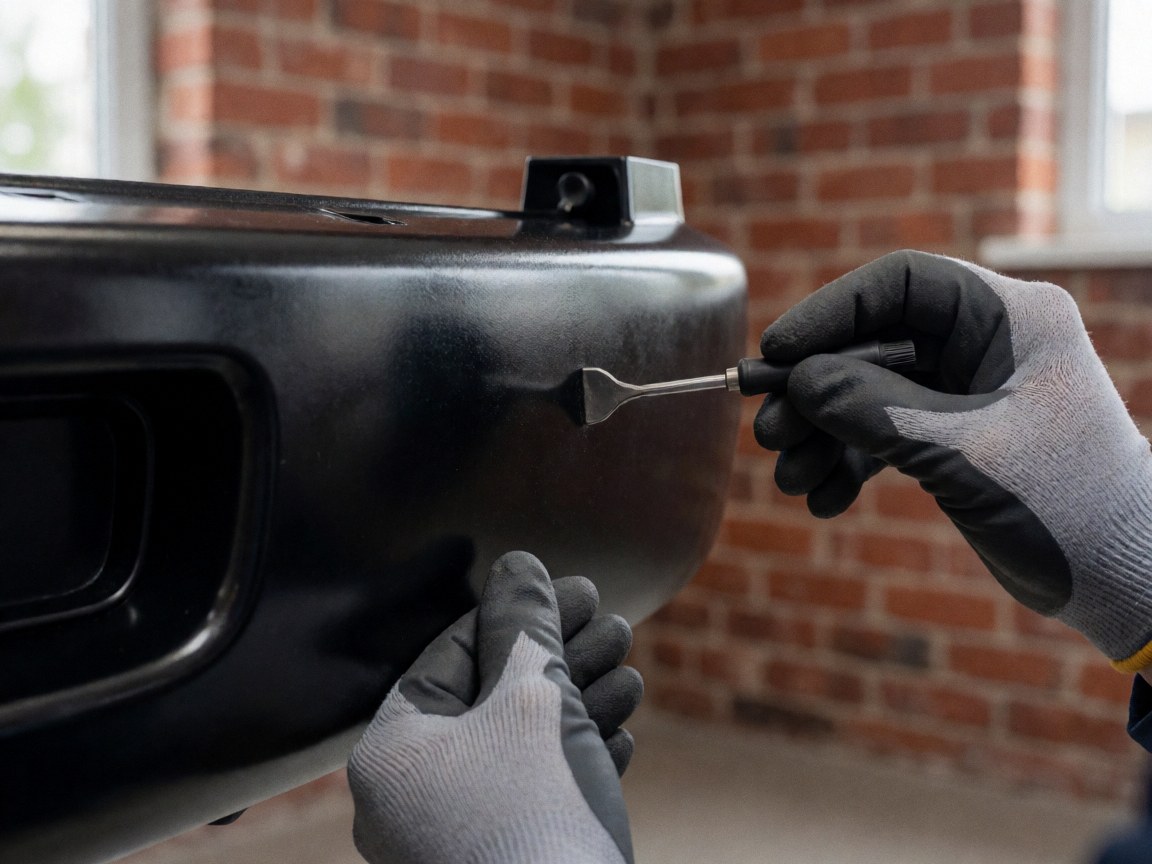 Close-up of a gloved hand repairing damage on a black truck bumper against a red brick wall