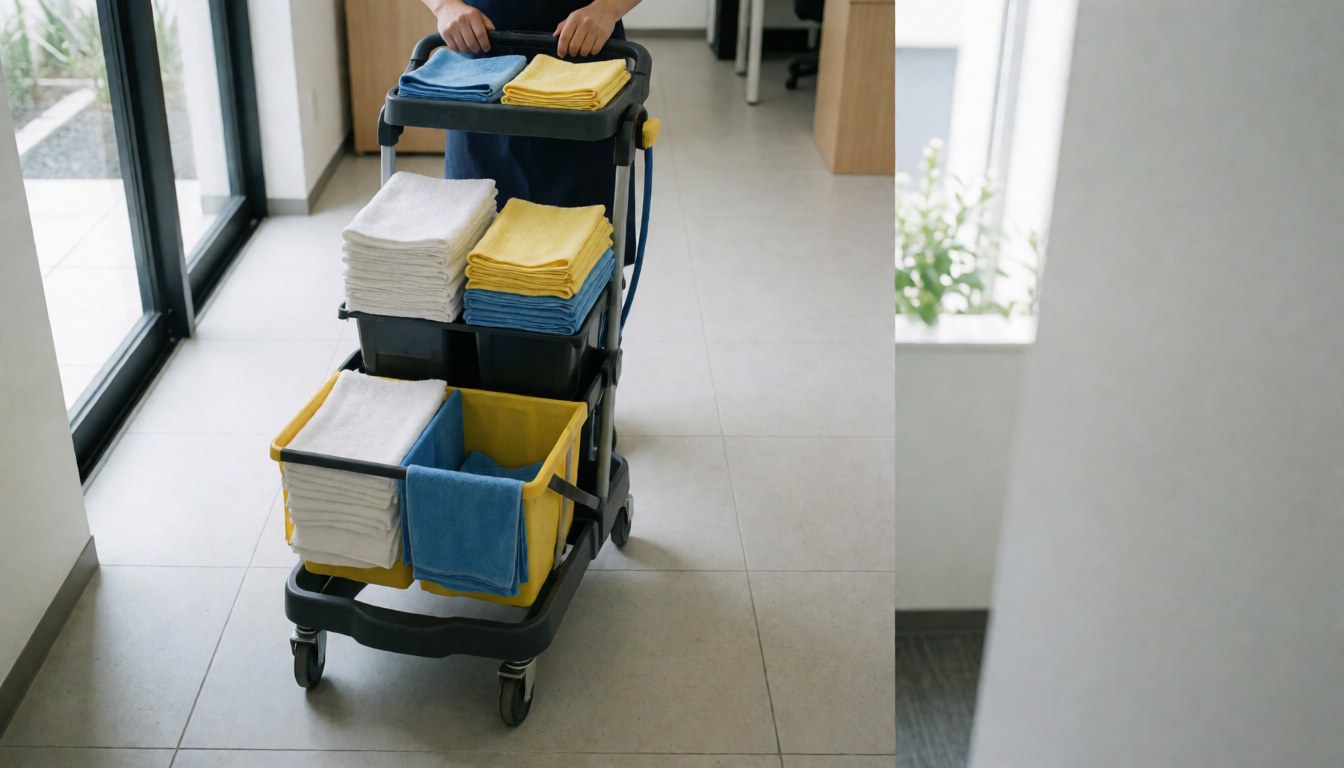 Cleaning cart with white, blue, and yellow towels in a modern office hallway with natural light