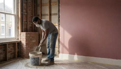 A mason mixes mortar in a container with a shovel in a room with pink walls and exposed wooden beams.