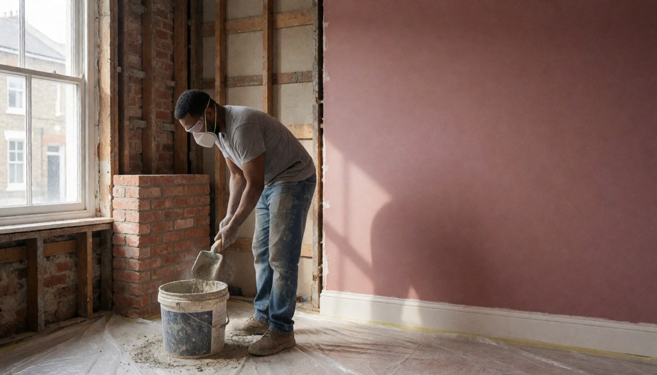 A mason mixes mortar in a container with a shovel in a room with pink walls and exposed wooden beams.