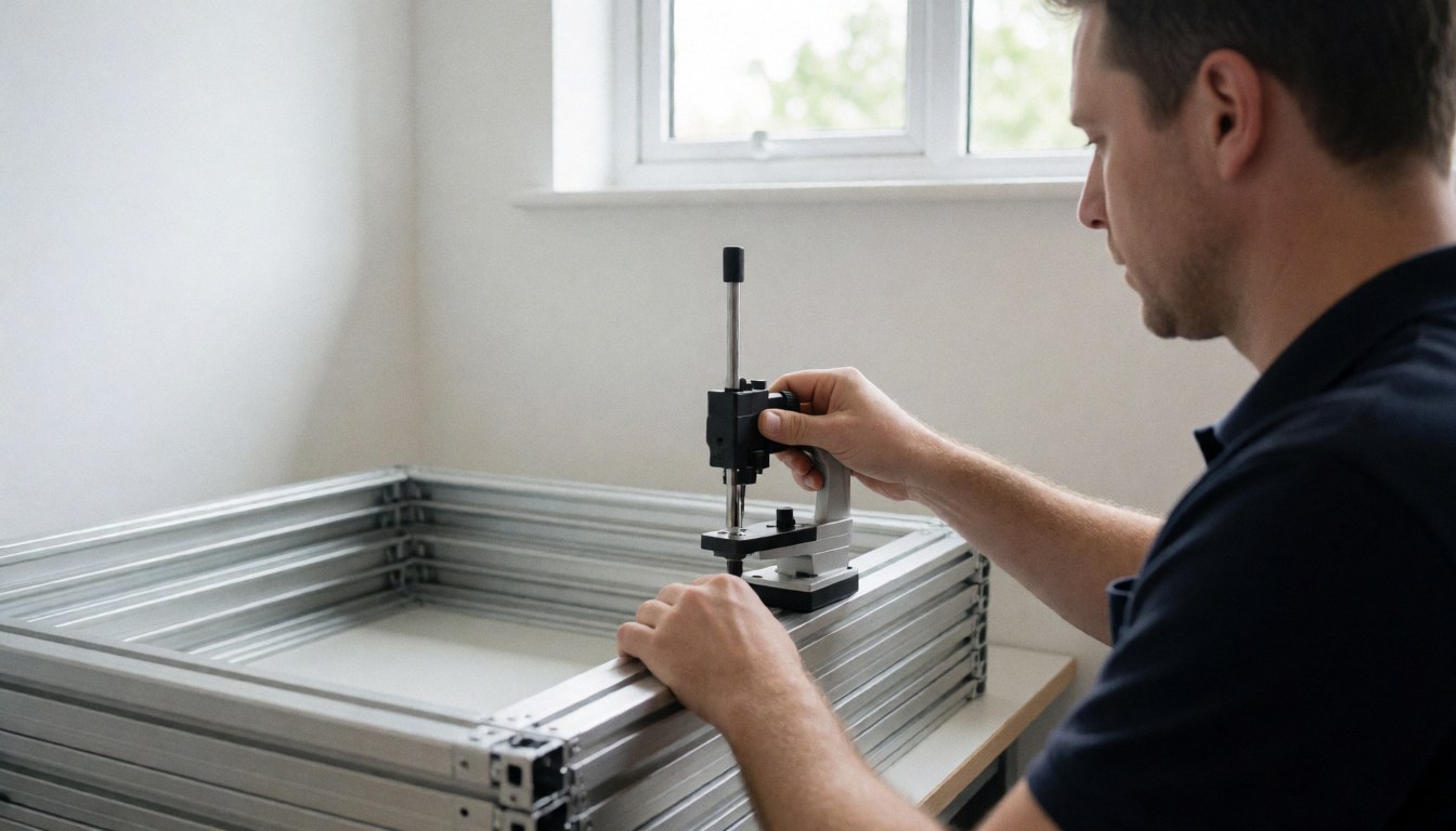 A technician uses a precision measuring device to adjust an aluminum window in a clean, professional interior setting with natural light.