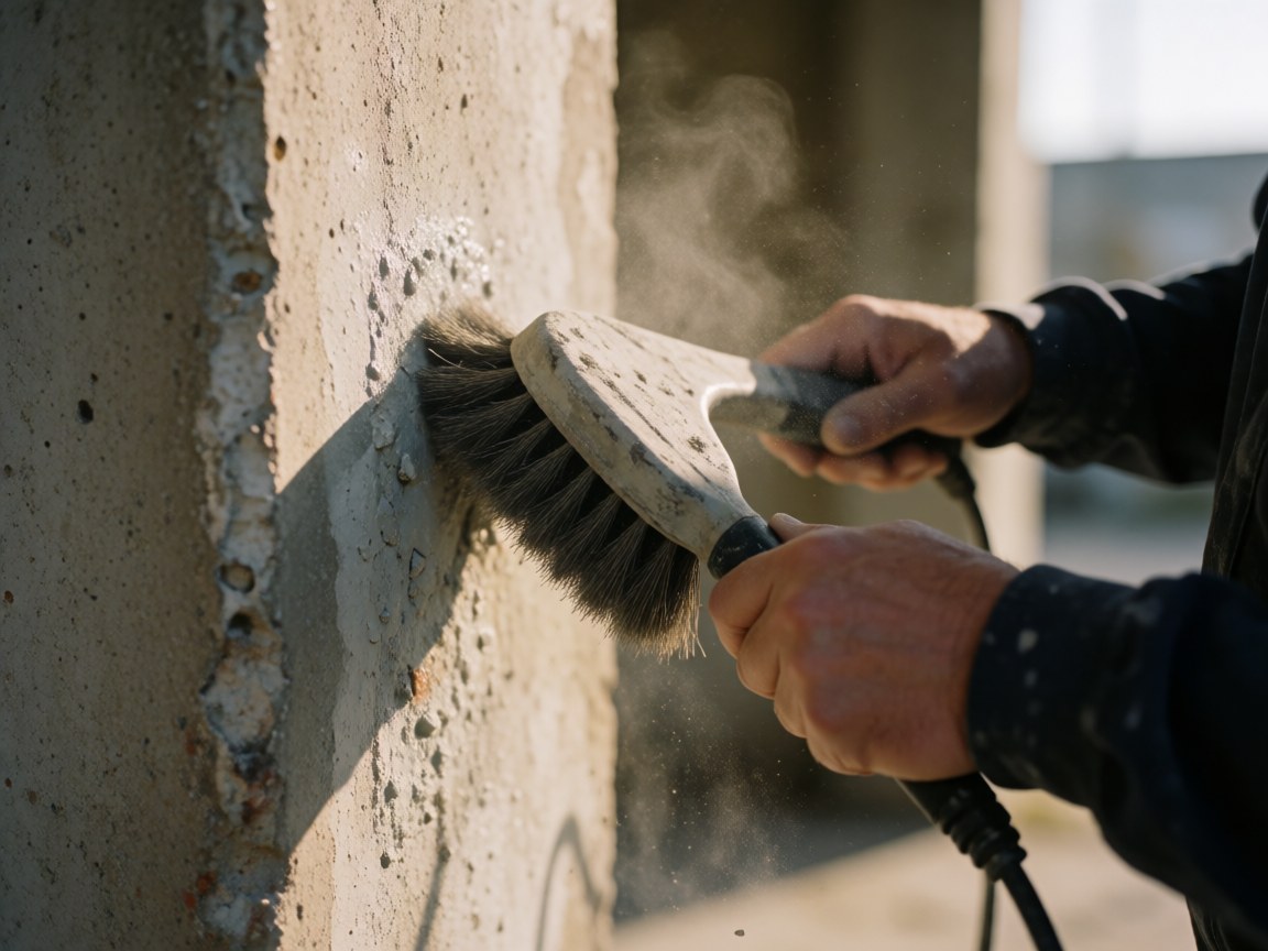 Close-up of a hand holding a brush cleaning dried paint off a concrete wall in natural light during exterior restoration work