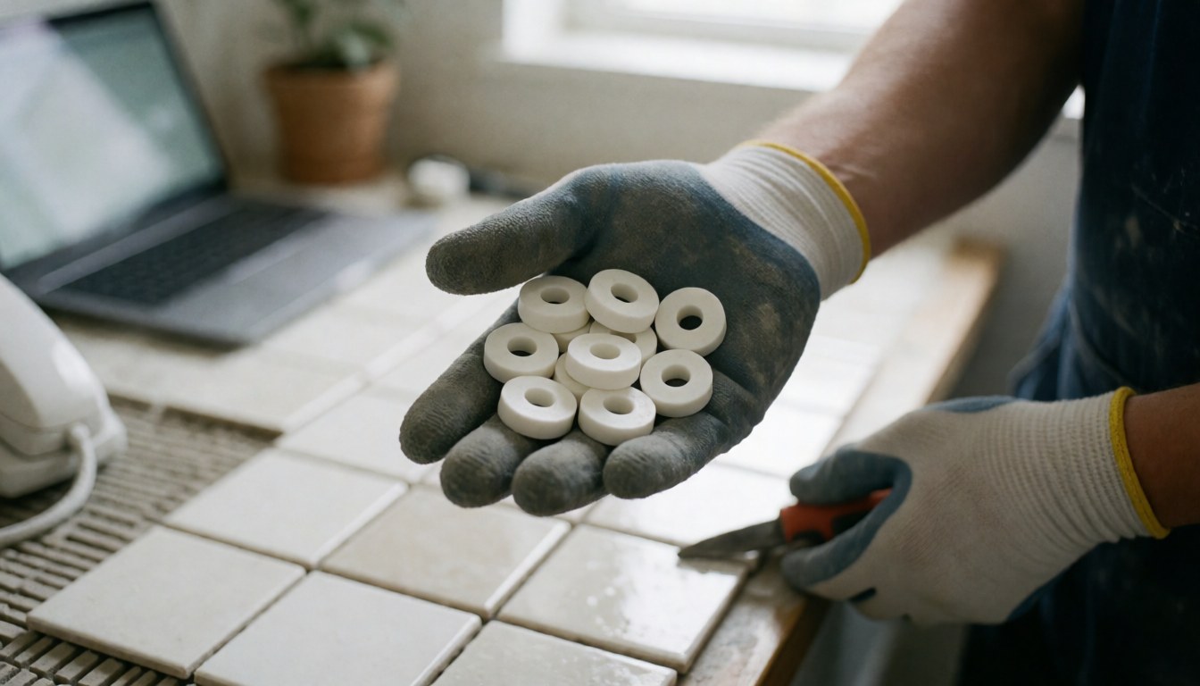 Close-up of gloved hands holding white tile spacers over installed ceramic tiles with a cutting tool nearby