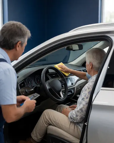 A customer checks the interior of a clean car while a worker wipes it with a yellow cloth in a blue-walled auto shop.