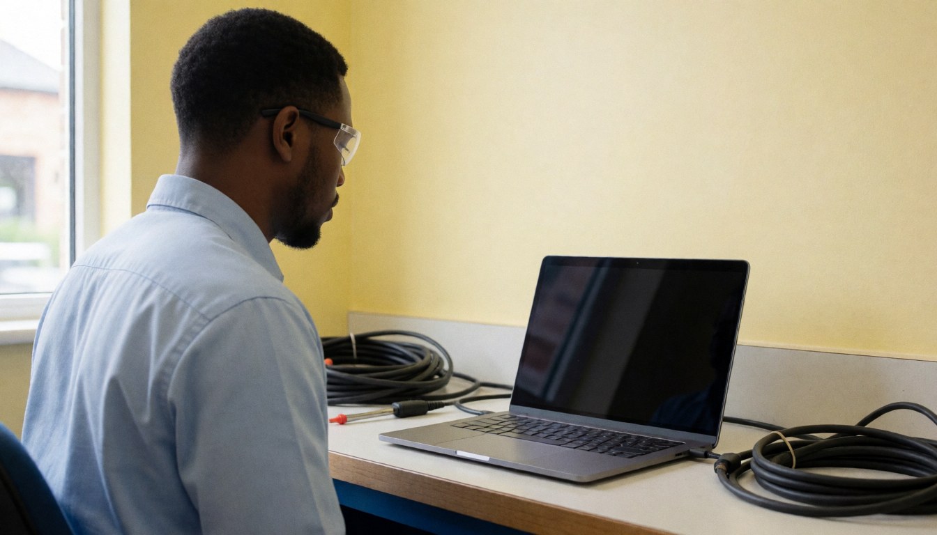 Technician with safety glasses reviewing a laptop in a camper repair shop with light yellow walls and organized cables