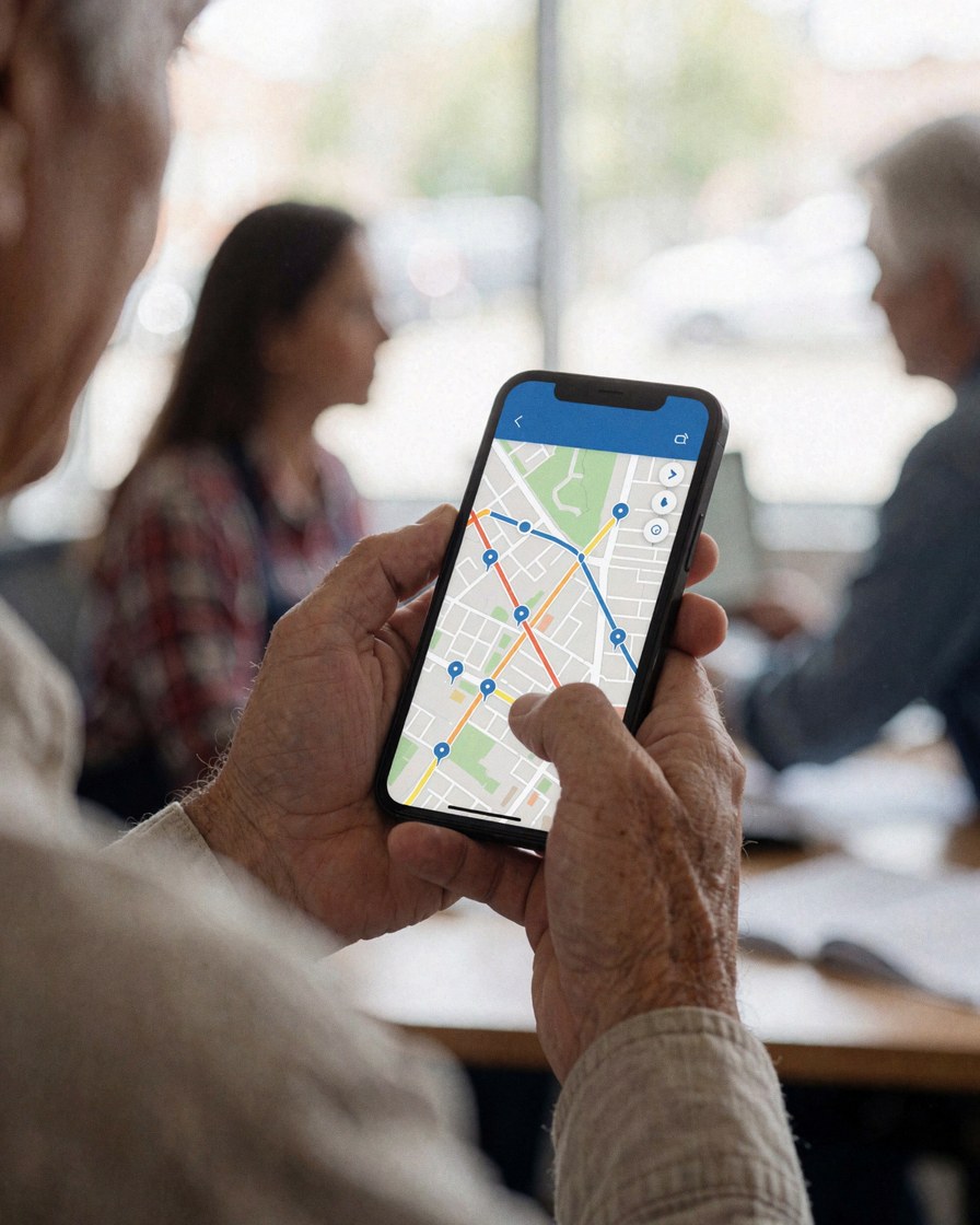 Coordinator holding a smartphone displaying a digital delivery map with a customer visible in the background of a naturally lit office.