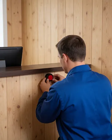 Technician in blue uniform mounting a red alarm button under a wooden counter on a wood panel wall during security alarm repair service