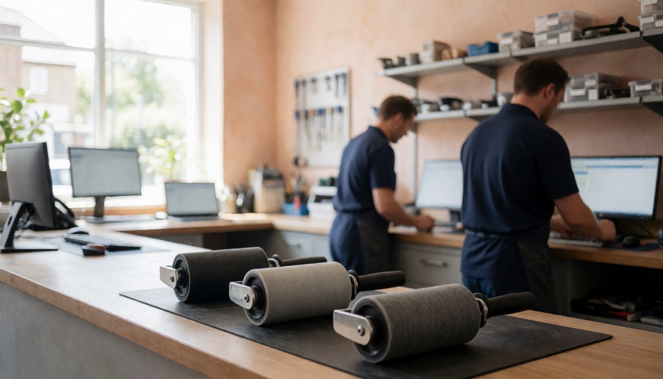Three new dryer drum rollers on a black mat in a repair shop with technicians working on computers in the background