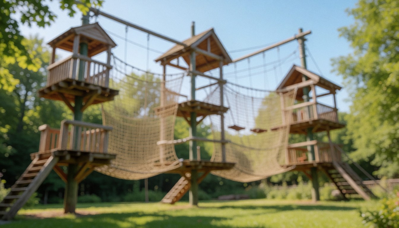 Blurred background of an adventure park featuring wooden structures, climbing nets, and green grass under a bright blue sky, suitable for text overlay.