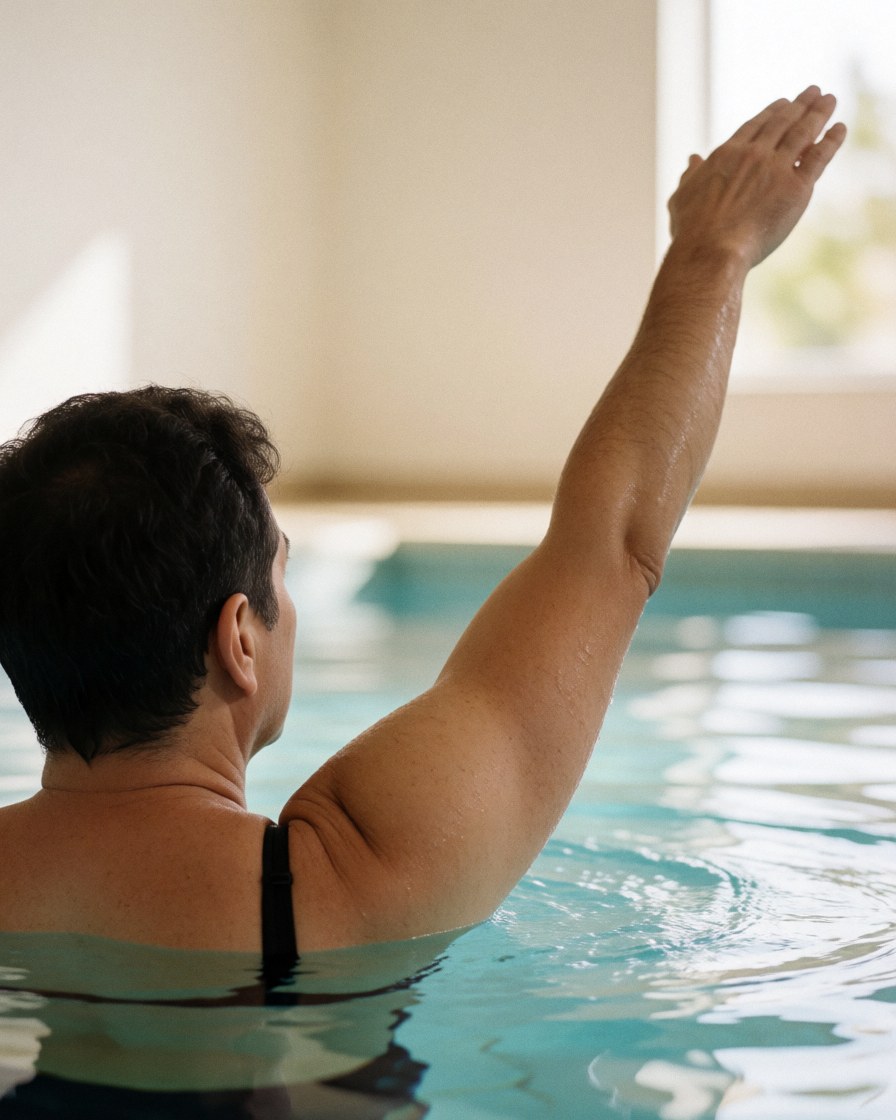 Back view of an adult swimming in a pool with clear water, one arm raised, light-colored walls, suitable for a swimming coach.