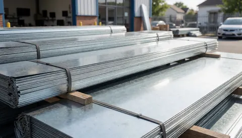 Stacks of galvanized metal sheets resting on wooden pallets in an industrial warehouse setting for roofing materials.